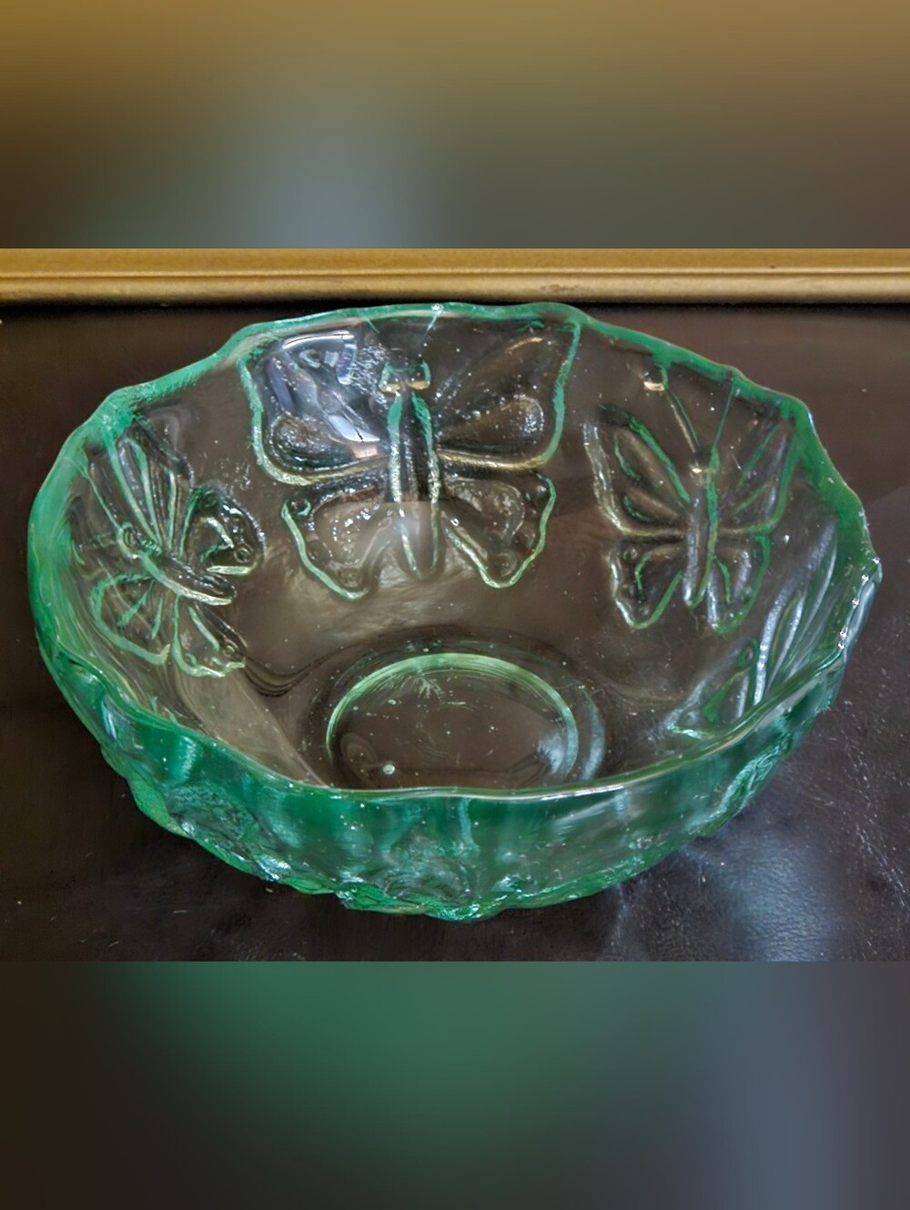 Vintage Green Glass Candy Dish featuring an Embossed Butterfly Pattern